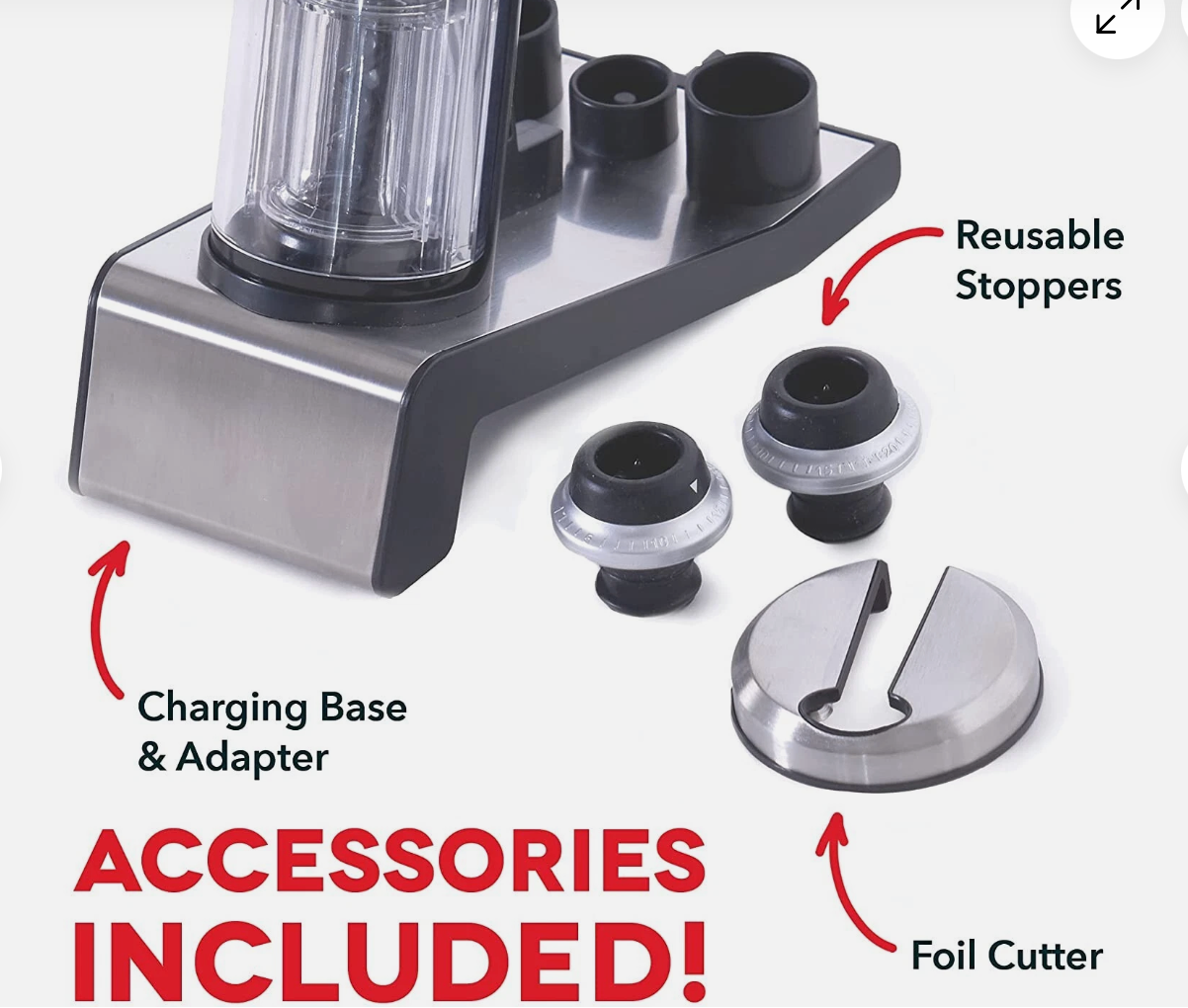 Dash Serve & Preserve Wine Set – Rechargeable Electric Wine Preservation System – Wine Bottle Opener, Vacuum Sealer, 2 Reusable Caps + Charging Base – Red