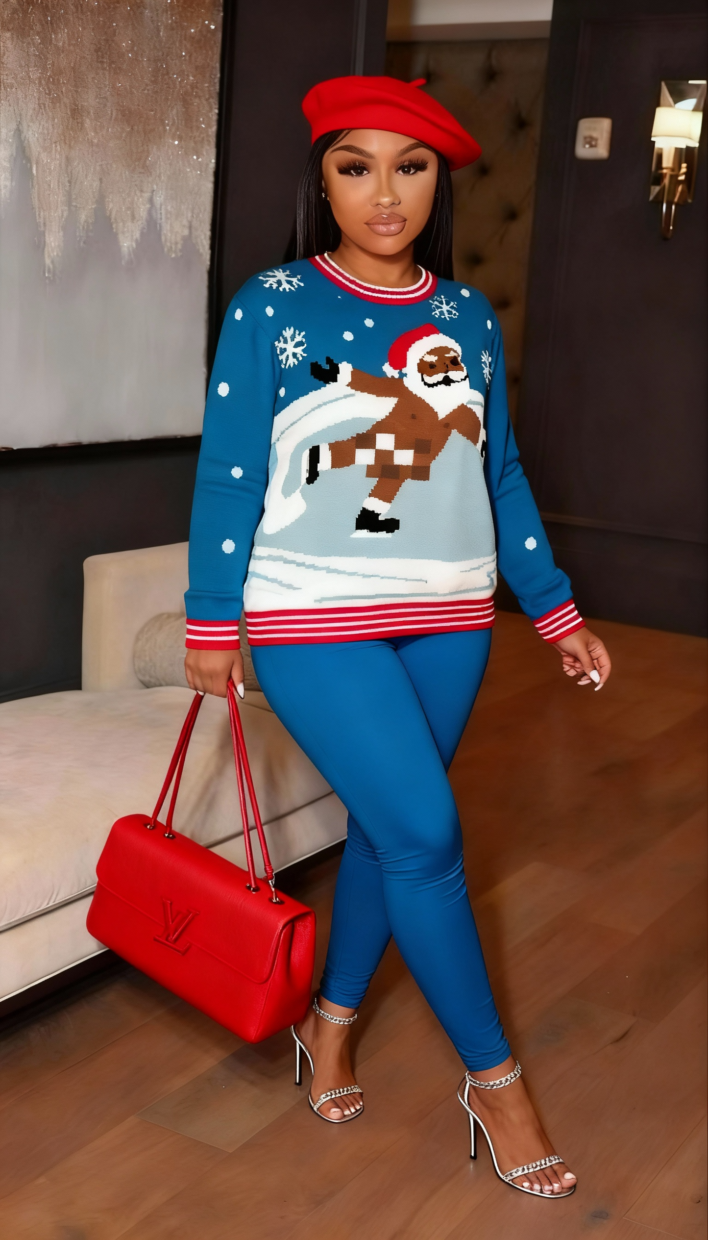 Unisex Brown Santa Skating Naked Funny Christmas Sweater