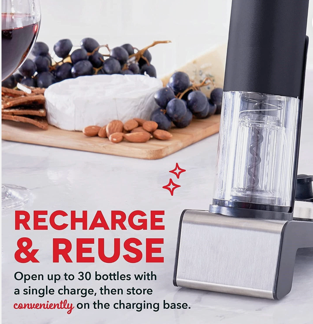 Dash Serve & Preserve Wine Set – Rechargeable Electric Wine Preservation System – Wine Bottle Opener, Vacuum Sealer, 2 Reusable Caps + Charging Base – Red