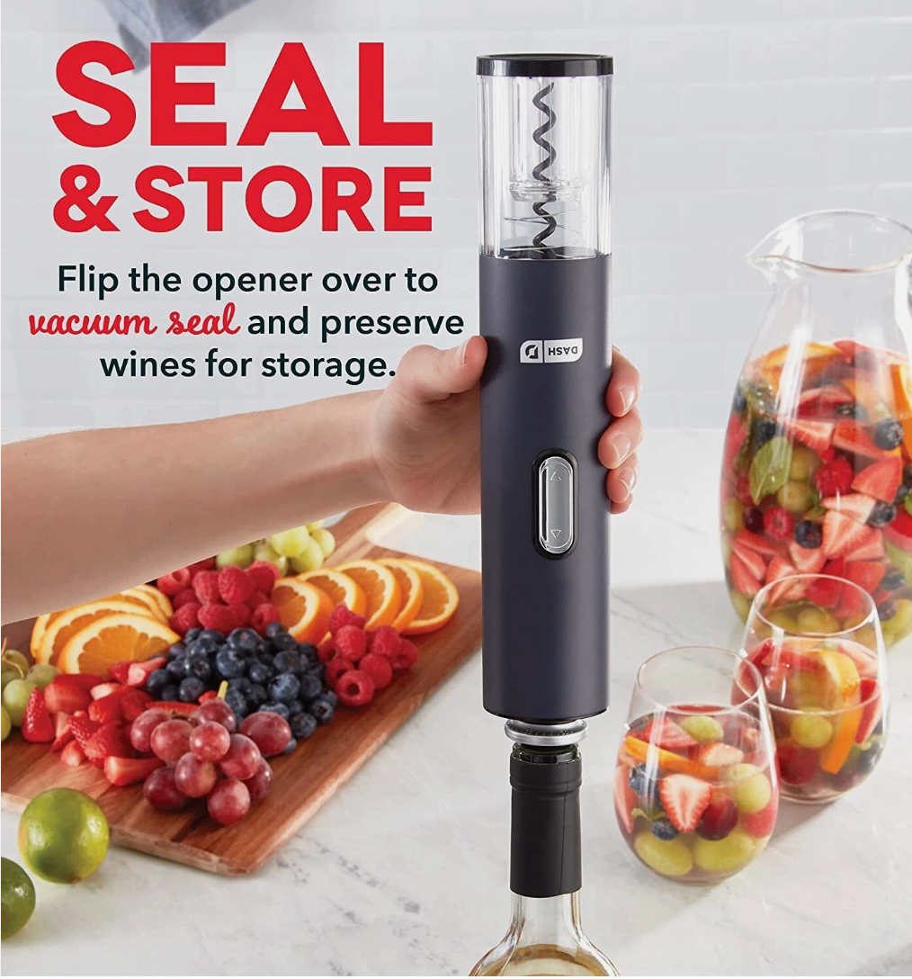 Dash Serve & Preserve Wine Set – Rechargeable Electric Wine Preservation System – Wine Bottle Opener, Vacuum Sealer, 2 Reusable Caps + Charging Base – Red