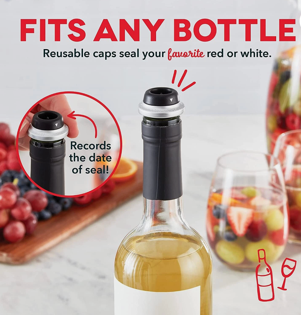 Dash Serve & Preserve Wine Set – Rechargeable Electric Wine Preservation System – Wine Bottle Opener, Vacuum Sealer, 2 Reusable Caps + Charging Base – Red