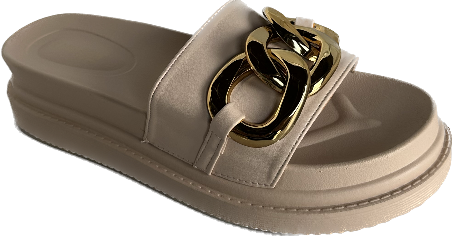 Brionna Beige & Gold Cuban Link Sandal