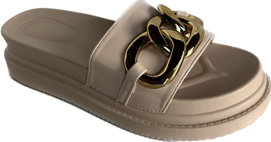 Brionna Beige & Gold Cuban Link Sandal